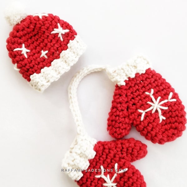 Crochet Pattern - Mini Hat & Mittens - Christmas Tree Ornaments - Holiday Decorations