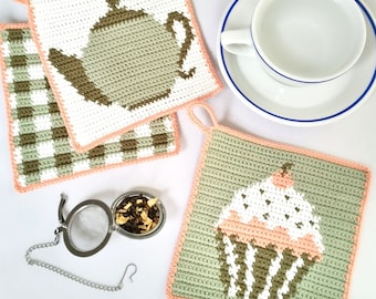 Tapestry Crochet Pattern - Teatime Potholders - Gingham - Teapot - Muffin Squares