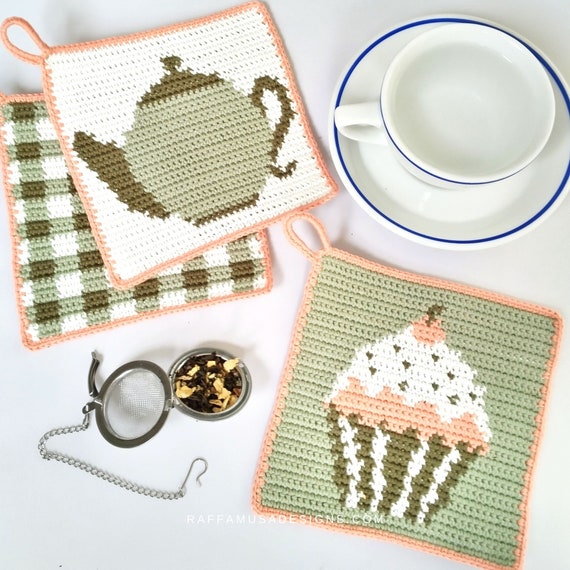 Tapestry Crochet Pattern - Teatime Potholders - Gingham - Teapot - Muffin Squares