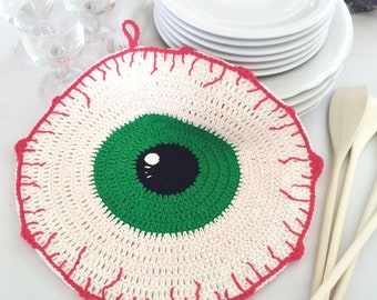 Crochet Pattern - Halloween Eyeball Dishcloth - Fall Kitchen Washcloth