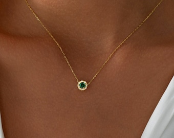 Gold Emerald Necklace, Round Emerald Birthstone Necklace , Minimalist Necklace , Mother's Day Gifts , May Birthstone, Gift for her, Mom gift