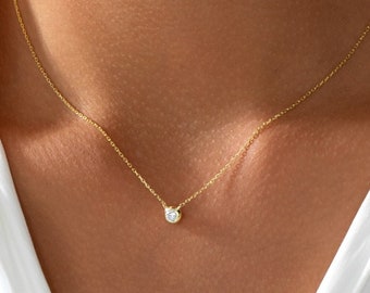 Zierliche Diamant Halskette, Floating Diamant Solitär Halskette, Minimalistischer Schmuck, Brautjungfer Halskette, Geschenk für Sie, Muttertagsgeschenk