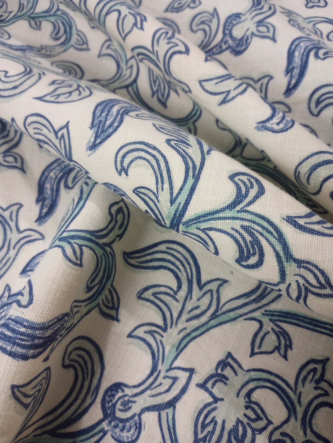 Muted Navy Blue & Minty Green on an Offwhite Background Cotton Linen Blend Botanical Vines and