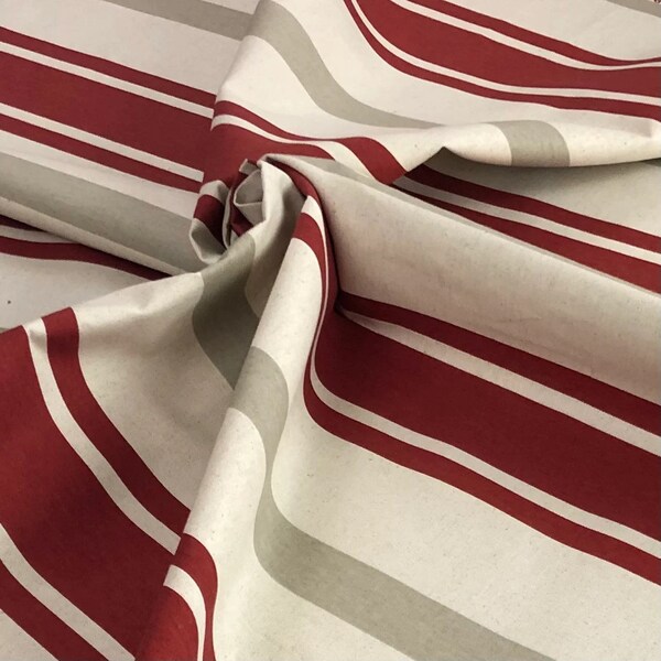 Farmhouse Red, Taupe, and natural striped cotton striped upholstery or drapery fabric by the yard for pillows, chairs, curtains, sofas, bags