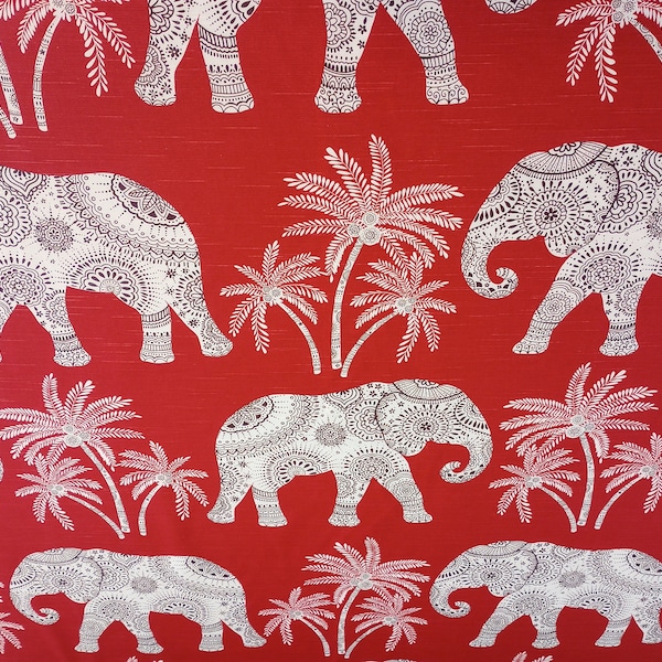Ronnie Gold Ravi Red Elephant and Palms - Red & White with Black Detail Print - 100% Cotton - Upholstery or Home Decor Fabric By The Yard