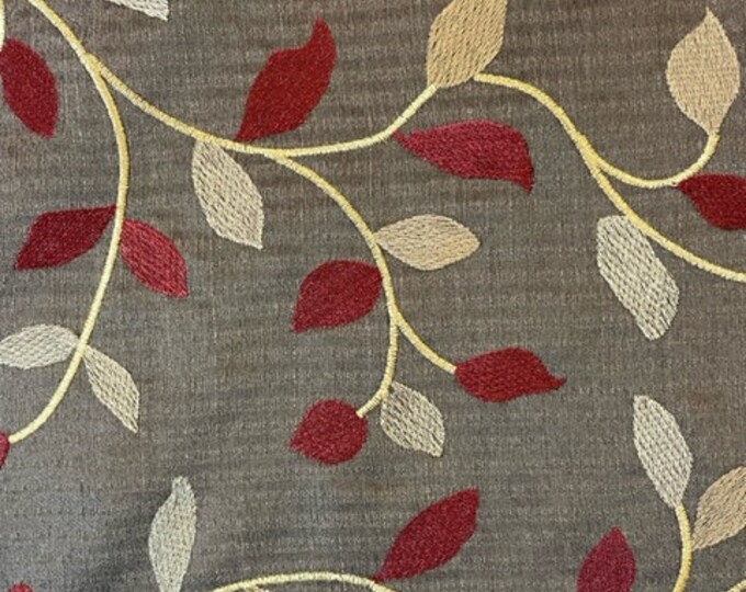 Brown Silklike Fabric With Red, Sand Brown & Gold Embroidered Leaf