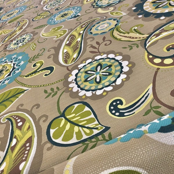 Taupe, Turquoise, Greens, Retro Floral - 100% Cotton Upholstery or Home Decor Fabric - Colorful Playful Pattern, Botanical, Illustrative!