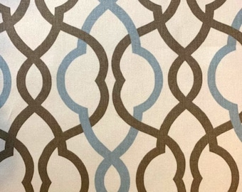 Lattice in Pale Blue and Medium Brown on Off-white Background - Waverly - Upholstery or Home Decor Fabric Cotton by the yard