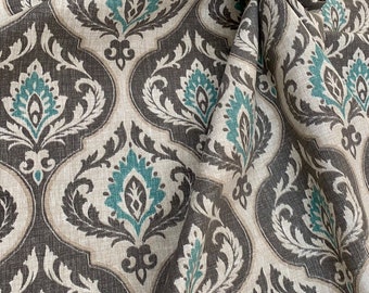 Turquoise & Gray Decorative Pattern Cotton Upholstery, Drapery, Home Decor Fabric By The Yard - Rich, Vintage, Classical, Antique look!