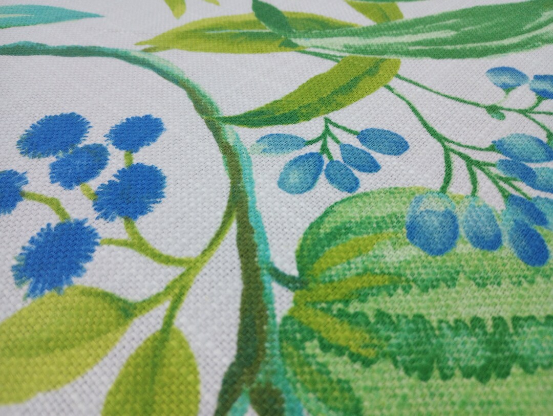 Fabric by the Yard Cheerful Floral, Soft Linen Blues, Aqua, Greens on