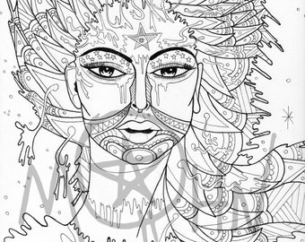 May include: A black and white line art coloring page featuring a stylized portrait of a person with elaborate, patterned hair and facial markings. The design includes star motifs, flowing liquid-like elements, and intricate geometric patterns.