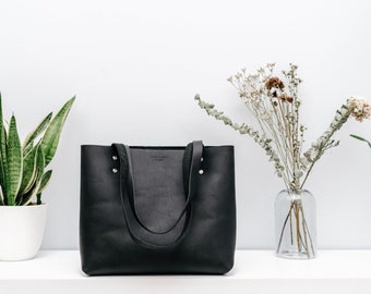 Black Leather Tote Bag, Women's Black Italian Leather Handbag, Matte Black Leather Tote Bag, Women's Simple Black Leather Bag, (M&V) No. 1