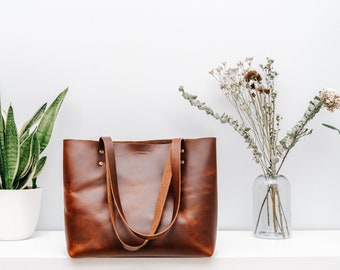 Brown Leather Tote Bag, Women's Brown Italian Leather Handbag, Cognac Brown Leather Tote Bag, Women's Simple Brown Leather Bag, (M&V) No. 1