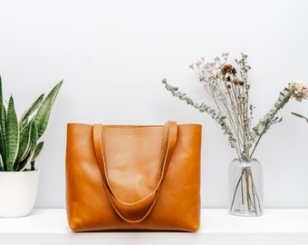 Tan Leather Tote Bag, Women's Yellow Italian Leather Handbag, Tan Yellow Leather Tote Bag, Women's Simple Tan Leather Bag, (M&V) No. 1