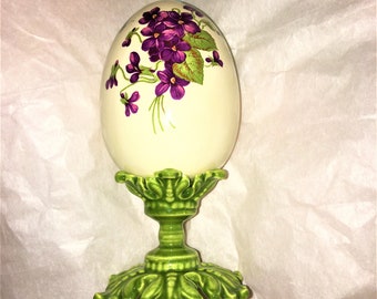 Vintage Ceramic Egg on a Green Pedestal
