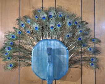 Peacock Wood Sculpture Real Feathers Contemporary Modern Art Handmade Western