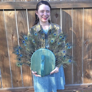 E01 Peacock Wood Sculpture With Real Feathers