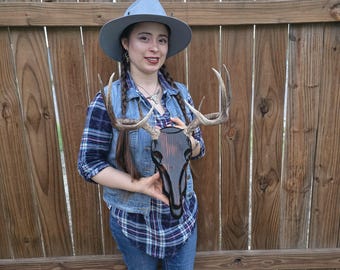 8 Points Rustic Smoky Head Deer Antler WallDecor Sculpture Wood Handmade Western