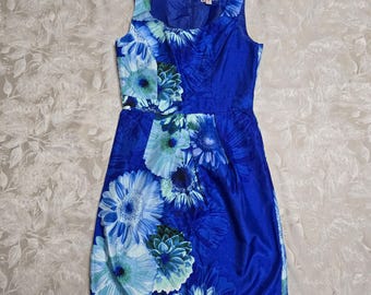 Vintage R&K Originals Blue Sleeveless Dress Size 6 Flowers Elegant Classy Church