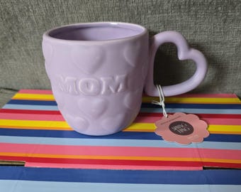 Coffee Mug Purple Hearts Shaped Handle MOM Mother Gift Cup Figural Hand-painted
