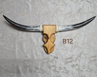 Cowskull Longhorn Wall Mount, Wood Skull, Real Horns, Country Lovers, Cowboy Decor, Western Style (36in) Modern Contemporary Handmade art