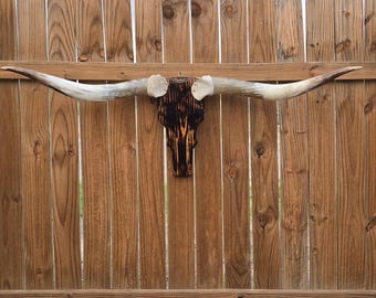 Cowskull Longhorn Wall Mount, Wood Skull, Real Horns, Country Lovers, Cowboy Decor, Western Style (5ft 2in) Modern Contemporary Handmade art