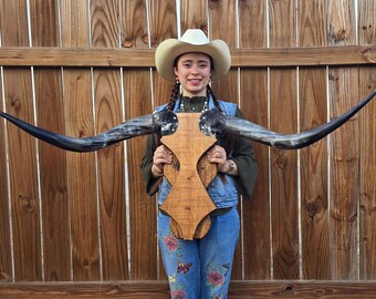 Longhorn Wall Mount Sculpture, Western Art Decor, Modern Contemporary Bull Skull, Mounted Polish Horns, Wood Crafting B03