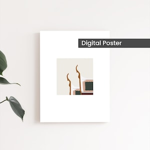 May include: A digital poster featuring a graphic illustration with two curved brown shapes, a white section, and a rectangular block with a dark green and maroon patterned texture. The text Digital Poster is printed in white on a black bar.