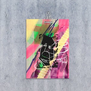 Weird Faces Neon Postkaart item 012 | handgeschilderde abstracte figuratieve kunst | originele mixed media kunst op karton
