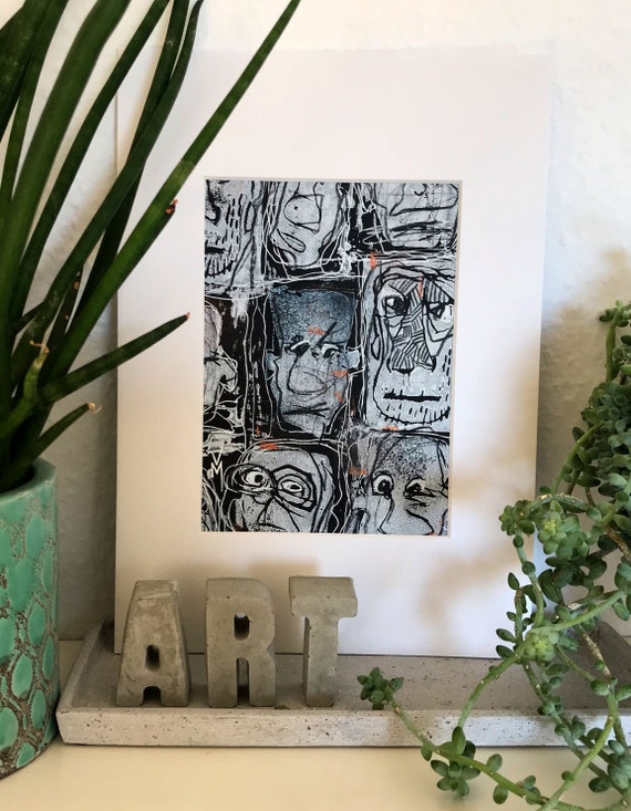 black & white illustrative art "weird faces 004" with orange details | handpainted in passepartout