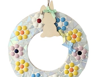 DIY Spring Easter Mosaic Wreath Craft Kit - White Iridescent Glass Bunny Theme