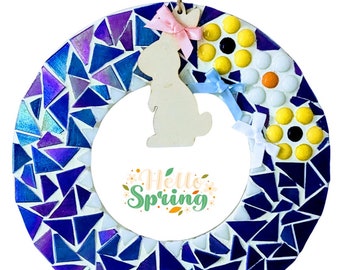 Kit de création de couronne de mosaïque de Pâques bricolage - Thème lapin en verre bleu irisé