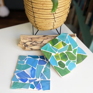 4 x Sea Glass Coaster Mosaic Kit, DIY Craft Kit, Turquoise Blue Green Set of 4, Housewarming Gifts, Tableware, Home and Dining, Drinks Mat image 1