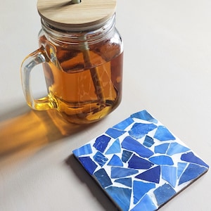 Blue 4 Coaster Mosaic Kit, sea glass, stained glass, ocean colours, make your own craft box, home décor, table designs
