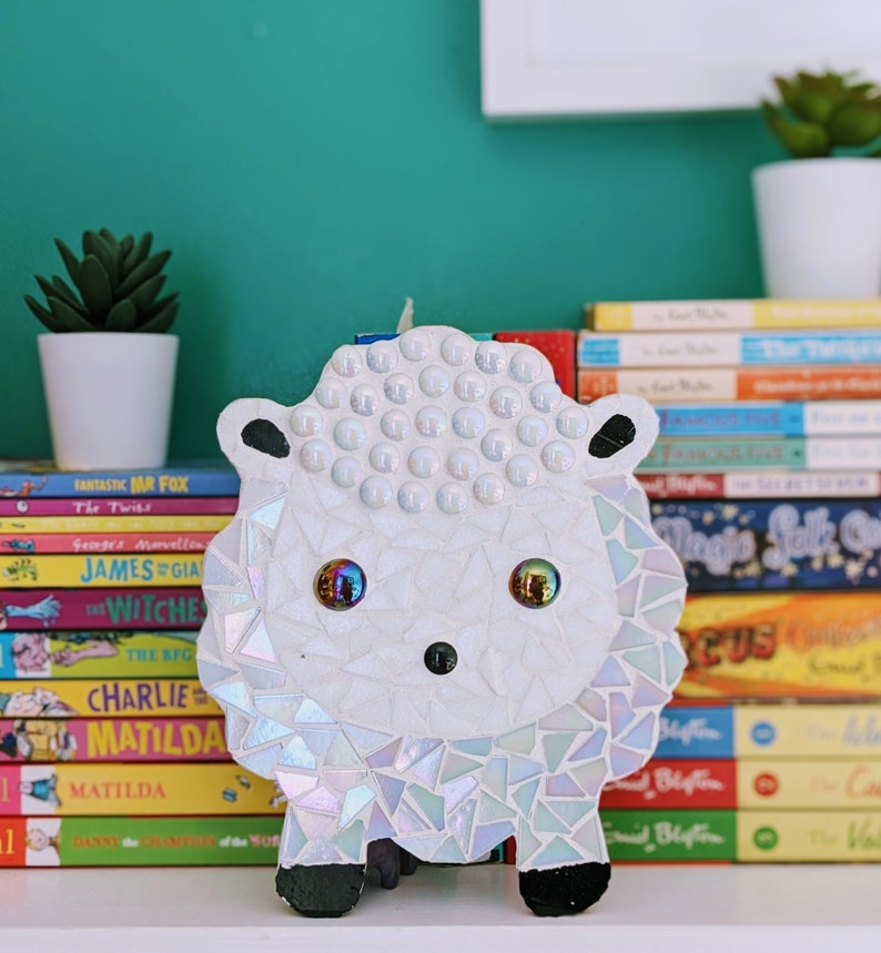 Spring Lamb White Iridescent DIY Mosaic Kit, Easter Crafts, Spring baby sheep, Animal Craft Designs, Kids Craft Box, Gifts for children image 1