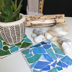 Turquoise & Blue 4 Coaster Mosaic Kit, sea glass, stained glass, ocean colours, make your own craft box, home décor, table designs