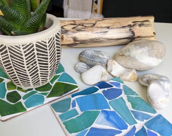Turquoise & Blue 4 Coaster Mosaic Kit, sea glass, stained glass, ocean colours, make your own craft box, home décor, table designs