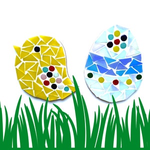May include: A yellow mosaic bird and a blue mosaic egg with white and yellow accents are sitting in a bed of green grass.