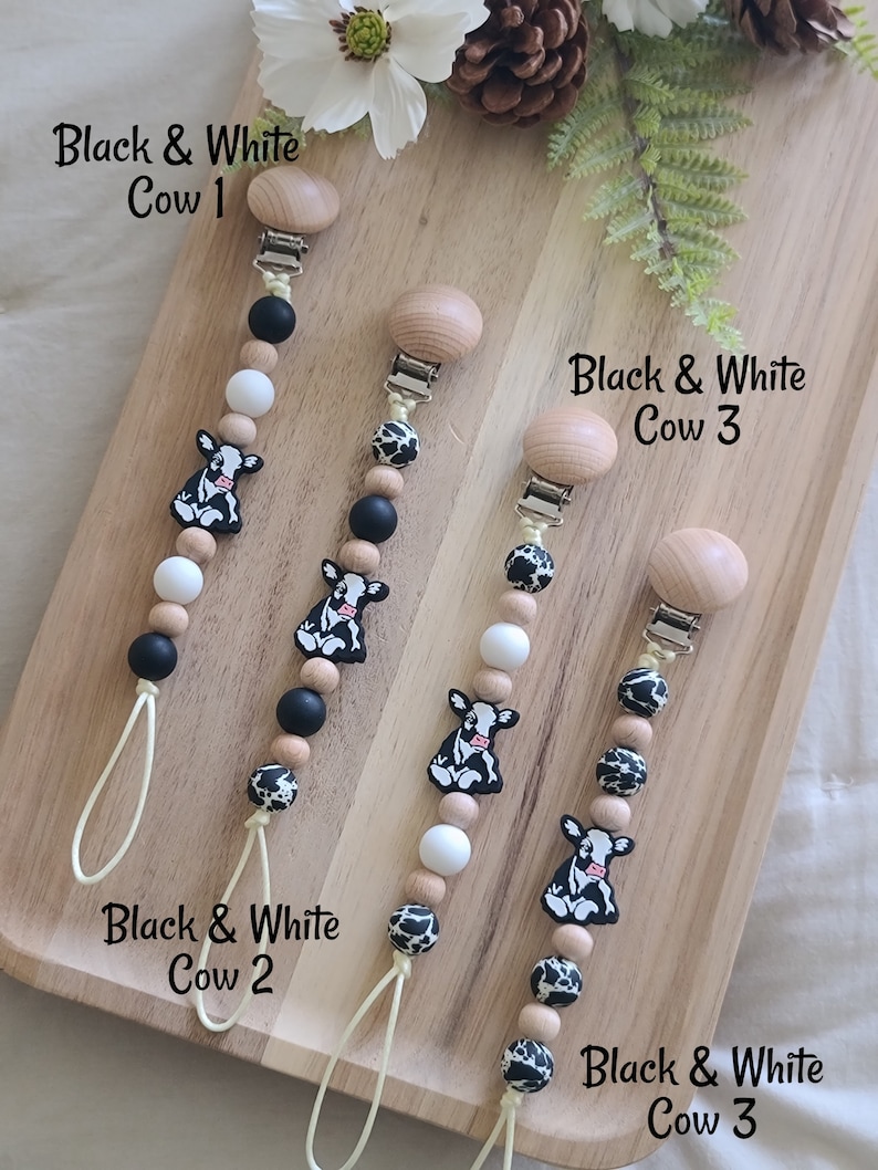 Black Cow Pacifier Clip Farm Pacifier Clip Cow Dummy Clip Cow Binkie Clip Cow Baby Gifts Mama Gifts Baby Shower Gifts Cow Print image 6