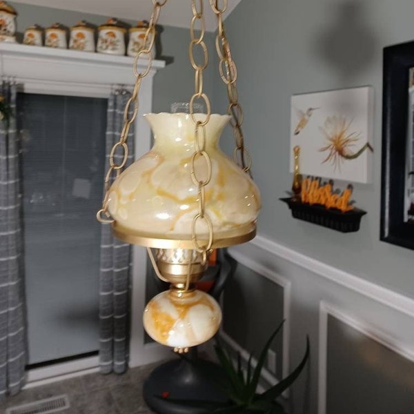 Vintage Iridescent Gold Swirl Milkglass Hurricane Pendant /Chandelier Lamp