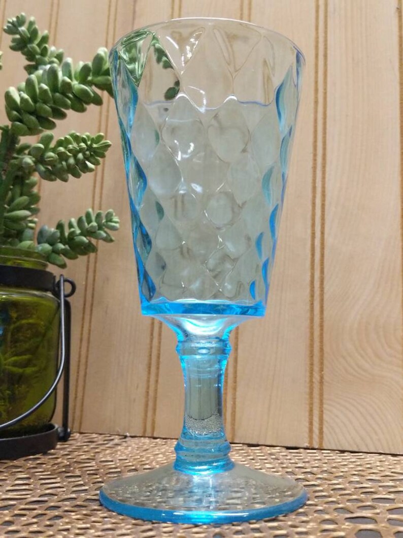 mid century glass Vintage aquamarine diamond optic style pedestal glass