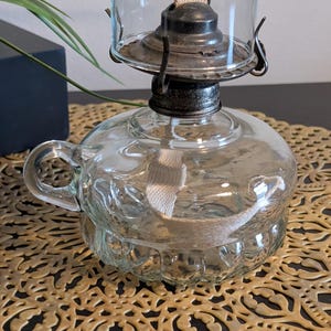 Vintage Mid-century 12&quot; Clear Glass Loop Handle Oil Lamp with Bubble Base Design, Lamp Light Farms