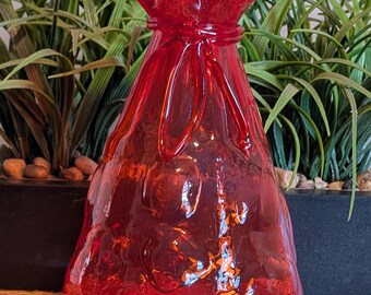Super Cool Blown Red Art Glass Coin Bag Ruffle Top Vase with Applied Ribbon, Maker Unknown
