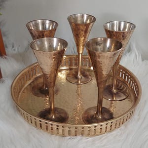 Vintage Brass Serving Tray with 5 Cordials/ Mini Goblets/ Shot Glasses Made in India