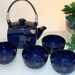 Blue Moon Stoneware Sake/Tea Pot and Cups with Embossed Dragonfly