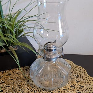 Vintage Mid-century 11&quot; Clear Glass Oil Lamp with Ribbed Optic Base Design, Lamp Light Farms