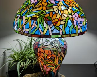 Absolutely Stunning XXL 3-Way Mosaic Stained Glass Table Lamp with Shade, Maker Unknown