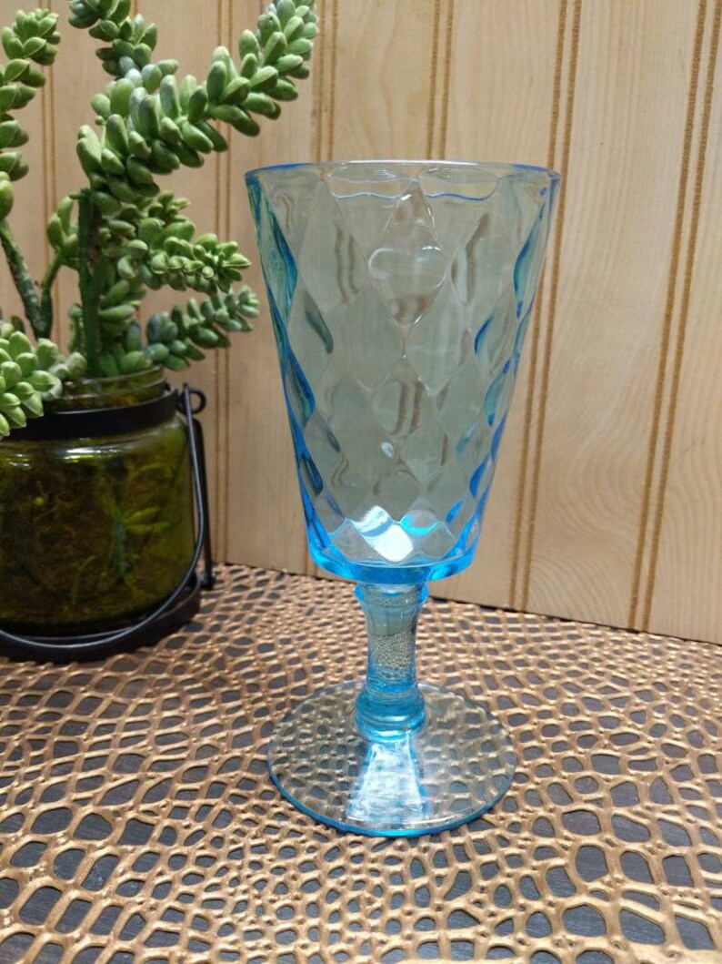 mid century glass Vintage aquamarine diamond optic style pedestal glass