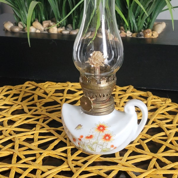 Vintage Mid-century Miniature 6.5" Porcelain Oil Lamp with Floral and Butterfly Motif