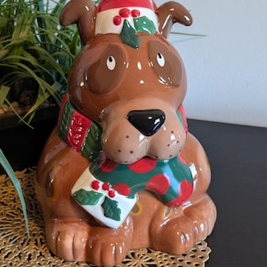 Adorable Cracker Barrel &#39;Full of Mischief&#39; Christmas Puppy Dog Lidded Cookie Jar